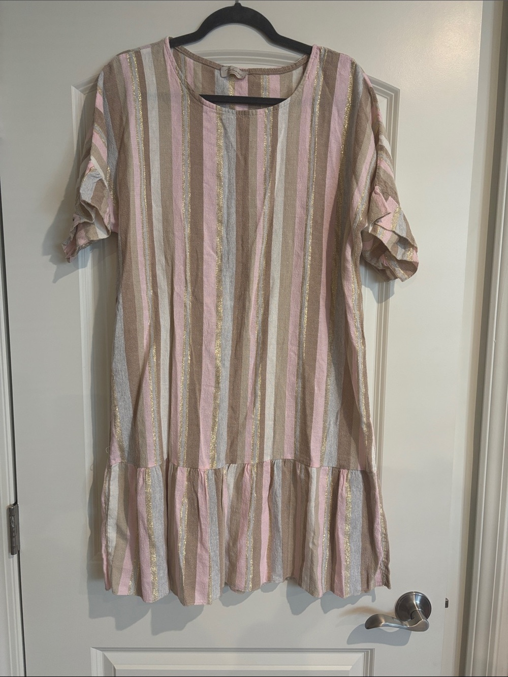 Soft Striped Ruffle Sleeve Dress in Pink, Tan & Cream